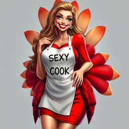 A hyper-realistic illustration of a very beautiful smiling female who visually resembles a Turkey while maintaining the elegance of a model