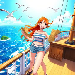 A vibrant and dynamic illustration of Nami from One Piece, showcasing her distinctive orange hair, and wearing her classic summer outfit consisting of a blue and white striped top and short denim shorts