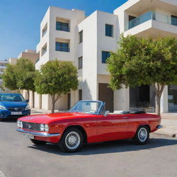 A stylish Cypriot convertible car, perfect for the Mediterranean climate, showcasing modern design, advanced features, and vibrant colors