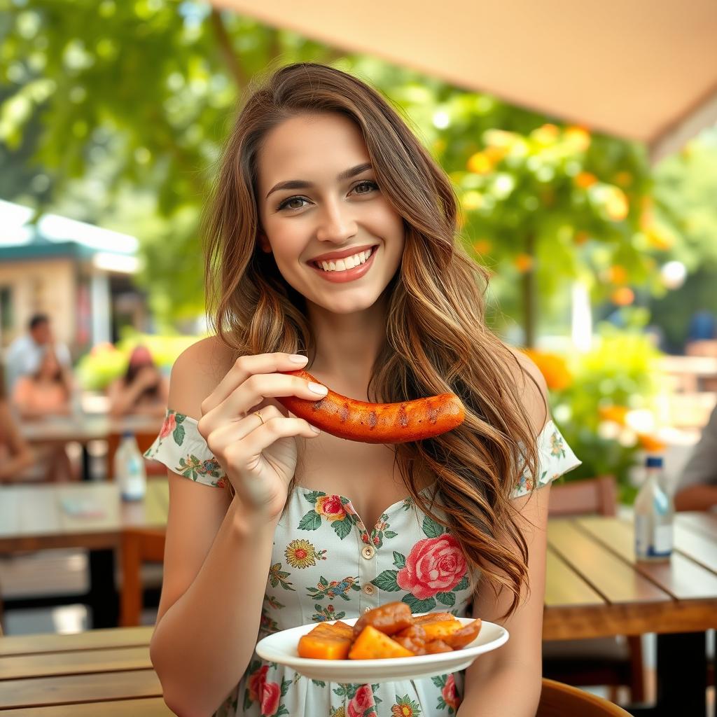 A young woman with long brown hair styled in loose waves, resembling a famous actress