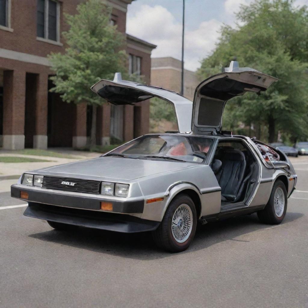 Generate an image that captures the essence of the movie 'Back to the Future', focusing on iconic elements like the DeLorean time machine, the flux capacitor, or Hoverboards