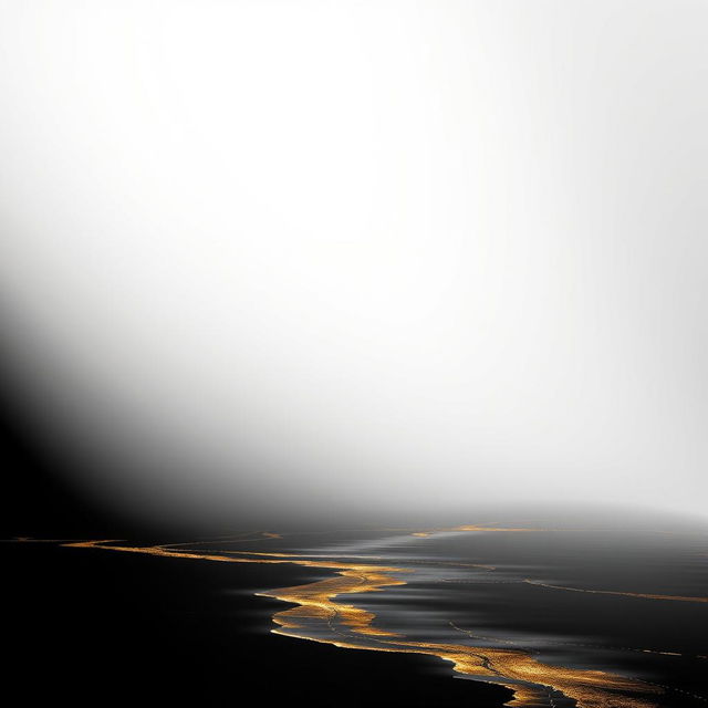 A smooth gradient background transitioning from pure white at the top to pitch black at the bottom, featuring golden traces cascading down from the white area to the dark part, resembling the reflection of a flowing river