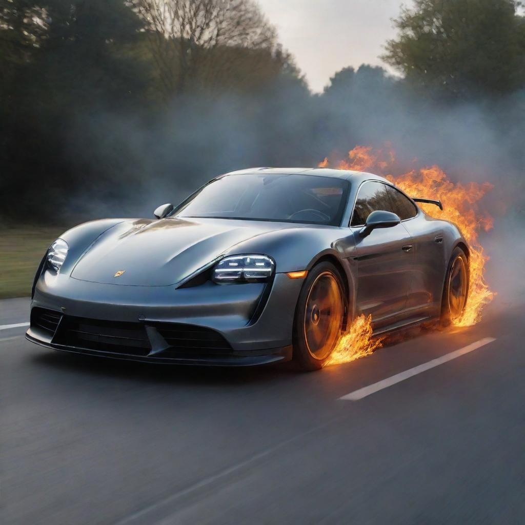 Create a detailed image of a Porsche Taycan incorporated into a 'Back to the Future' theme, such as the car speeding away leaving a trail of flames just like the DeLorean