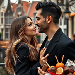An artistic image featuring a 29-year-old woman with long, light brown hair and a fair complexion, looking serene and passionately at a handsome man with slicked-back black hair
