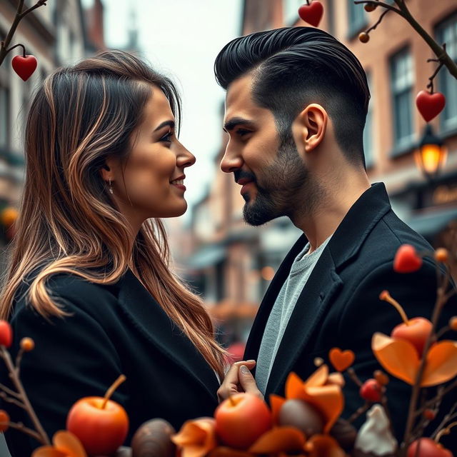 An artistic image featuring a 29-year-old woman with long, light brown hair and a fair complexion, looking serene and passionately at a handsome man with slicked-back black hair