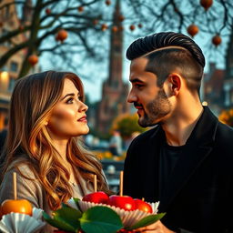 An artistic image featuring a 29-year-old woman with long, light brown hair and a fair complexion, looking serene and passionately at a handsome man with slicked-back black hair