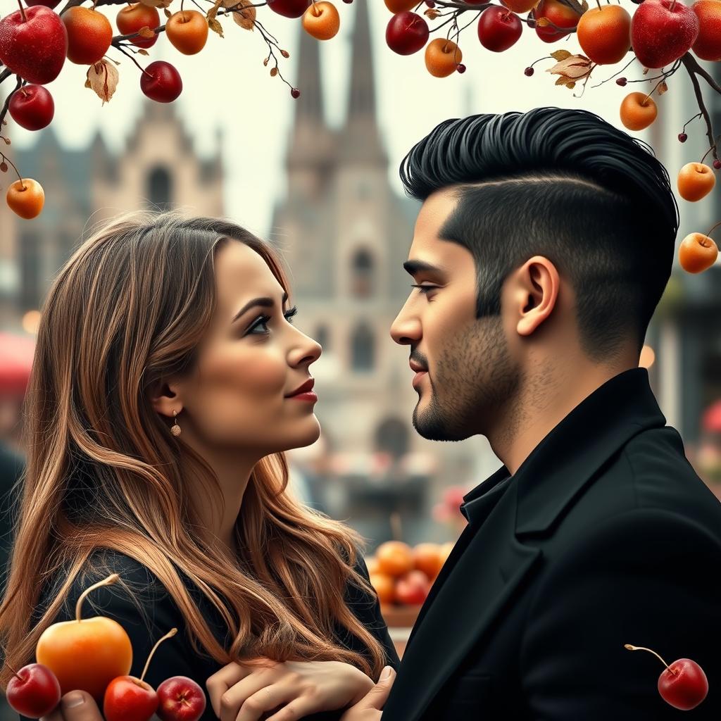 An artistic image featuring a 29-year-old woman with long, light brown hair and a fair complexion, looking serene and passionately at a handsome man with slicked-back black hair