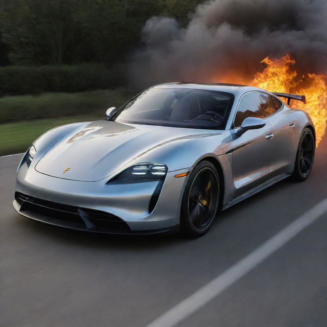 Create a detailed image of a Porsche Taycan incorporated into a 'Back to the Future' theme, such as the car speeding away leaving a trail of flames just like the DeLorean