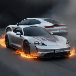 Create a detailed image of a Porsche Taycan incorporated into a 'Back to the Future' theme, such as the car speeding away leaving a trail of flames just like the DeLorean