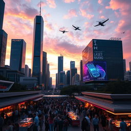 A futuristic city skyline during sunset, showcasing sleek skyscrapers with luminous neon lights reflecting off glass windows