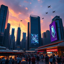 A futuristic city skyline during sunset, showcasing sleek skyscrapers with luminous neon lights reflecting off glass windows