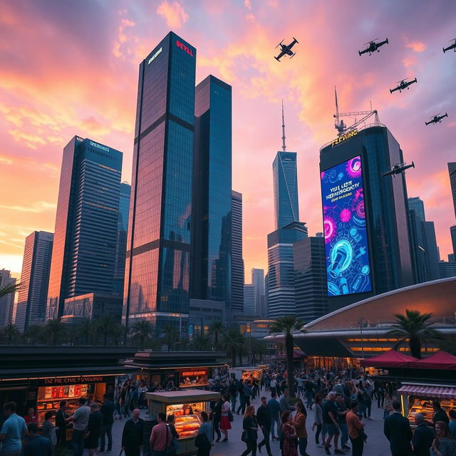 A futuristic city skyline during sunset, showcasing sleek skyscrapers with luminous neon lights reflecting off glass windows