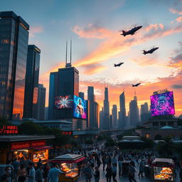 A futuristic city skyline during sunset, showcasing sleek skyscrapers with luminous neon lights reflecting off glass windows