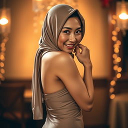 A sexy Chinese woman wearing a hijab, showcasing her curves in a sensual pose