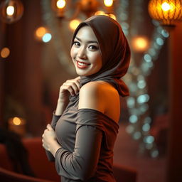 A sexy Chinese woman wearing a hijab, showcasing her curves in a sensual pose