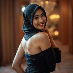 A sexy Chinese woman wearing a hijab, showcasing her curves in a sensual pose