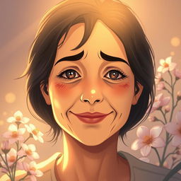 A poignant illustration of a mother with a hidden sadness behind a luminous smile