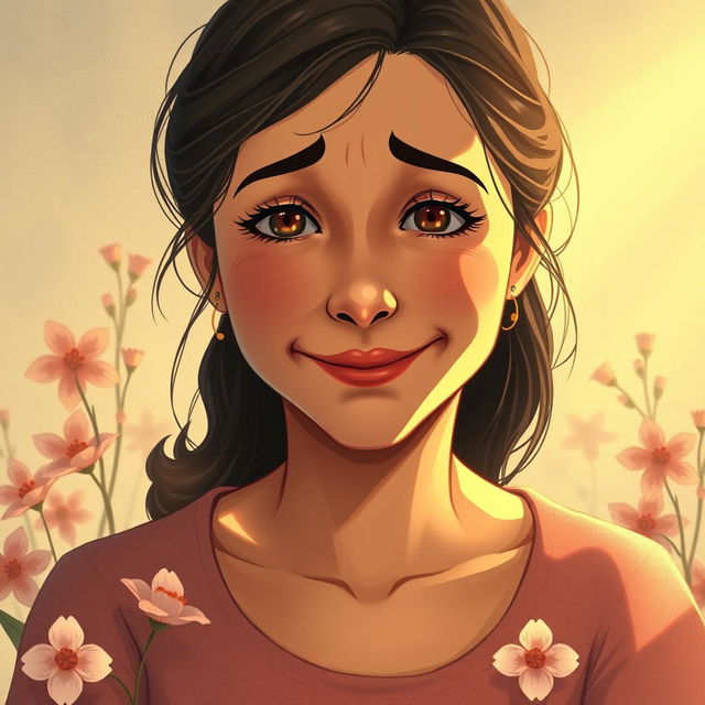 A poignant illustration of a mother with a hidden sadness behind a luminous smile