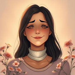 A poignant illustration of a mother with a hidden sadness behind a luminous smile