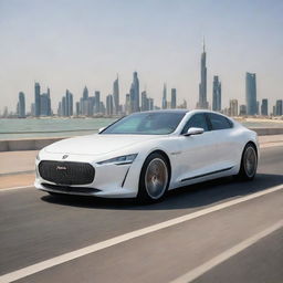 A high-performance Kuwaiti car showcasing luxury design, high tech features, and elegance, cruising along Kuwait City's modern skyline with its striking high-rise buildings and landmark Kuwait Towers in the background