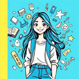 A vibrant blue cover design featuring a teenage girl