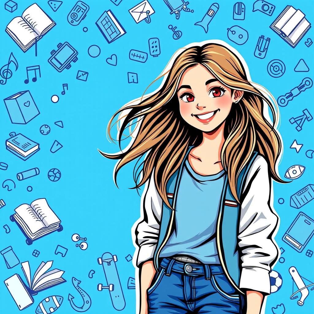 A vibrant blue cover design featuring a teenage girl