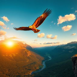 A majestic golden eagle soaring high above a stunning mountainous landscape during sunset, with the sun casting golden hues on the peaks and a clear blue sky with scattered clouds