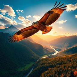 A majestic golden eagle soaring high above a stunning mountainous landscape during sunset, with the sun casting golden hues on the peaks and a clear blue sky with scattered clouds