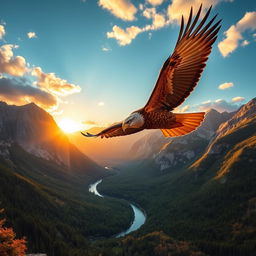 A majestic golden eagle soaring high above a stunning mountainous landscape during sunset, with the sun casting golden hues on the peaks and a clear blue sky with scattered clouds