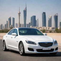 A high-performance Kuwaiti car showcasing luxury design, high tech features, and elegance, cruising along Kuwait City's modern skyline with its striking high-rise buildings and landmark Kuwait Towers in the background