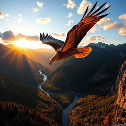 A majestic golden eagle soaring high above a stunning mountainous landscape during sunset, with the sun casting golden hues on the peaks and a clear blue sky with scattered clouds