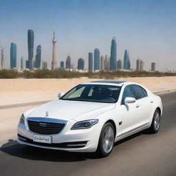 A high-performance Kuwaiti car showcasing luxury design, high tech features, and elegance, cruising along Kuwait City's modern skyline with its striking high-rise buildings and landmark Kuwait Towers in the background