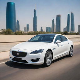 A high-performance Kuwaiti car showcasing luxury design, high tech features, and elegance, cruising along Kuwait City's modern skyline with its striking high-rise buildings and landmark Kuwait Towers in the background