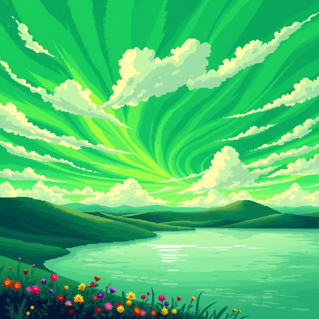 An incredibly beautiful and unusual emerald sky depicted in pixel art style