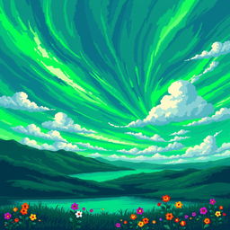 An incredibly beautiful and unusual emerald sky depicted in pixel art style
