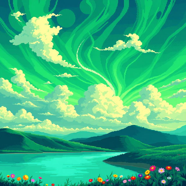 An incredibly beautiful and unusual emerald sky depicted in pixel art style