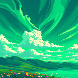 An incredibly beautiful and unusual emerald sky depicted in pixel art style