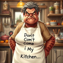 A hyper-realistic illustration of a very grumpy mother who has an exaggerated look resembling a turkey