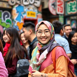 A Chinese woman wearing a colorful hijab, confidently embracing her identity while casually hanging out with a diverse group of strangers in a vibrant urban setting