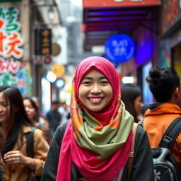 A Chinese woman wearing a colorful hijab, confidently embracing her identity while casually hanging out with a diverse group of strangers in a vibrant urban setting