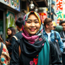 A Chinese woman wearing a colorful hijab, confidently embracing her identity while casually hanging out with a diverse group of strangers in a vibrant urban setting