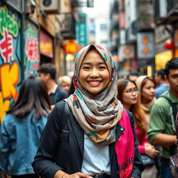 A Chinese woman wearing a colorful hijab, confidently embracing her identity while casually hanging out with a diverse group of strangers in a vibrant urban setting