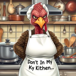 A hyper-realistic illustration of a very grumpy female chef who resembles a turkey