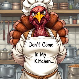 A hyper-realistic illustration of a very grumpy female chef who resembles a turkey