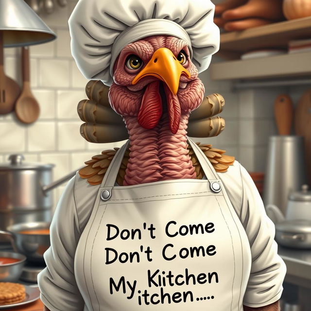 A hyper-realistic illustration of a very grumpy female chef who resembles a turkey