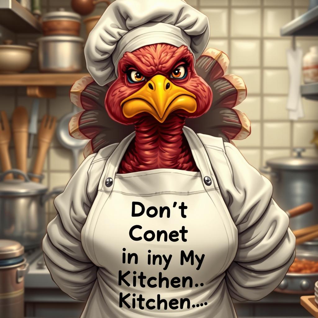 A hyper-realistic illustration of a very grumpy female chef who resembles a turkey