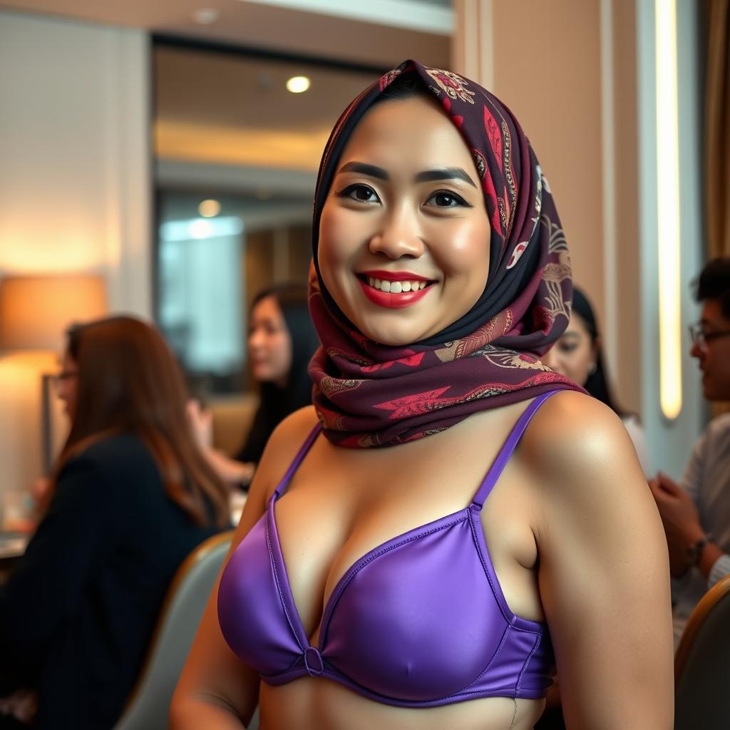 A Chinese woman wearing a colorful hijab in a chic hotel room setting, adorned with modern decor