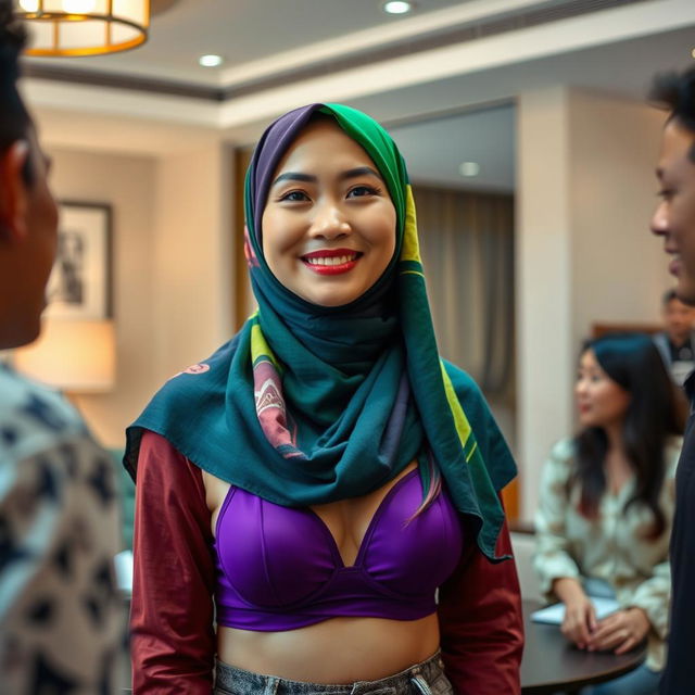 A Chinese woman wearing a colorful hijab in a chic hotel room setting, adorned with modern decor