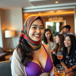 A Chinese woman wearing a colorful hijab in a chic hotel room setting, adorned with modern decor