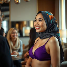A Chinese woman wearing a colorful hijab in a chic hotel room setting, adorned with modern decor